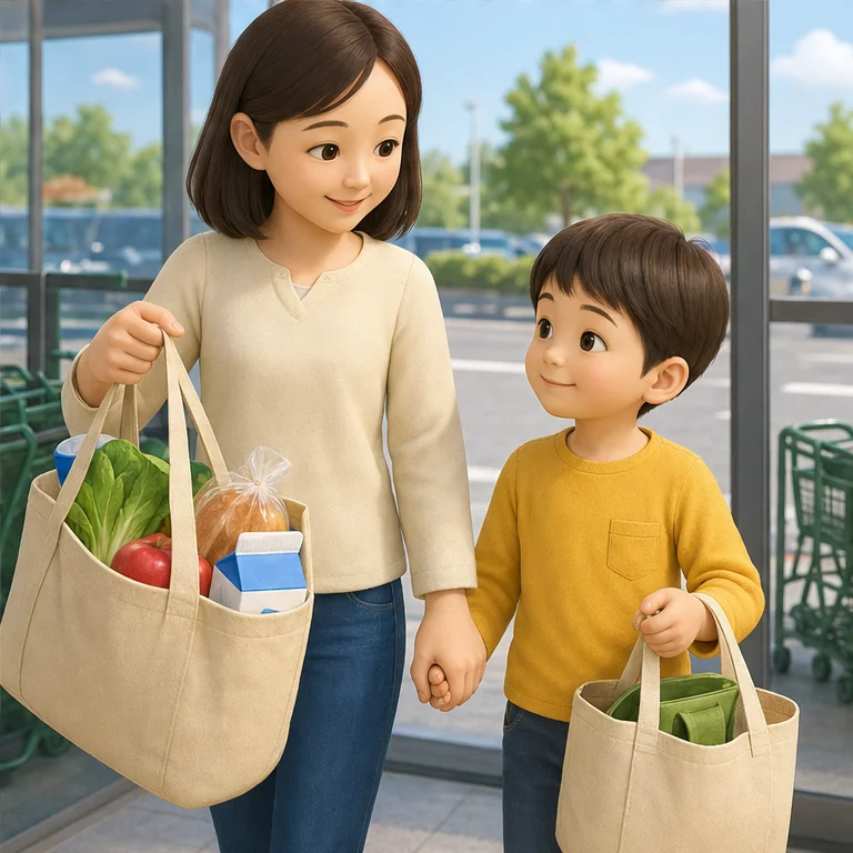Put the things you bought into a bag.
Hold them carefully so you do not drop them.
At home, you use or eat the things you bought.