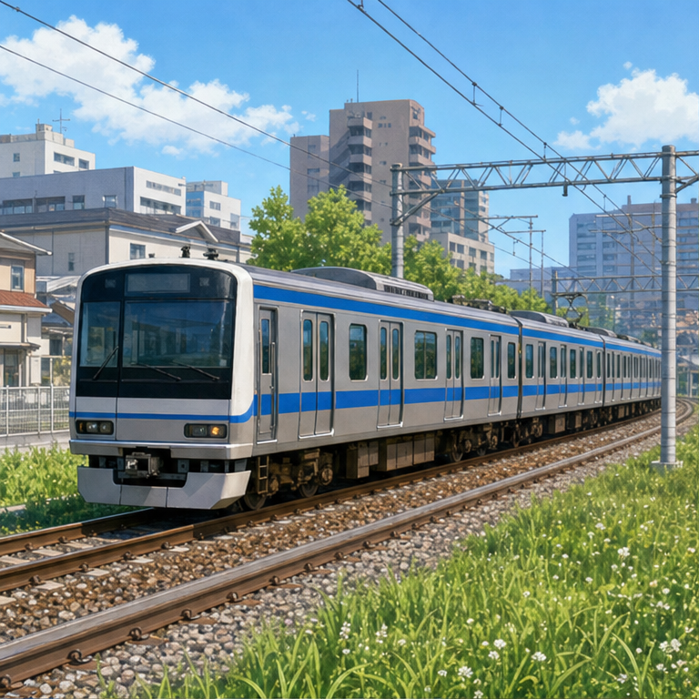 電車は、人を乗せて走る乗り物です。
長い車体が、いくつもつながっています。
町や遠い場所へ行くときに使います。