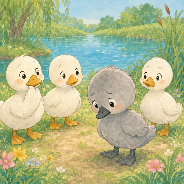 あるところに、灰色のはねをした 小さな子がいました。
まわりのアヒルたちは、みんな 白いはねでした。
「どうして きみは 灰色なの？」と言われて、灰色の子は かなしくなりました。
灰色の子は思いました。
「ぼくも、みんなみたいに 白くなりたいな……」