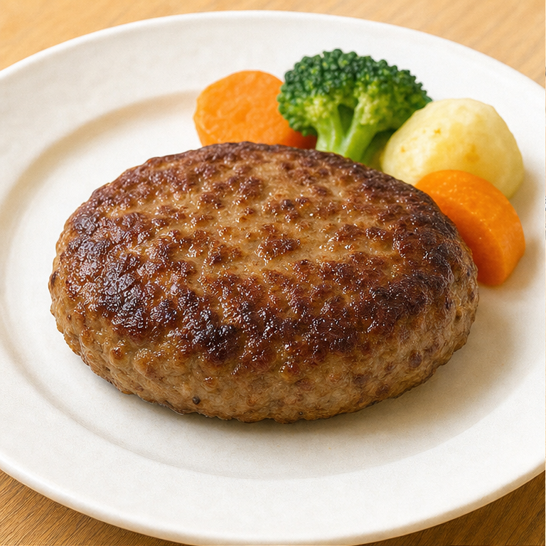 ハンバーグは、ひき肉で作る料理です。
丸くして、少し平たくします。
焼くと、こんがり茶色になります。