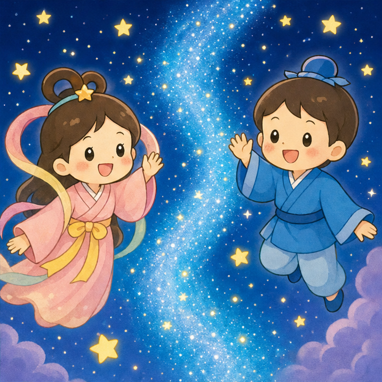 七夕には、おりひめさまと ひこぼしさまのお話があります。
ふたりは、お空にいるお星さまです。
天の川という、星の川をはさんで暮らしています。
7月7日の夜、ふたりは会えると言われています。