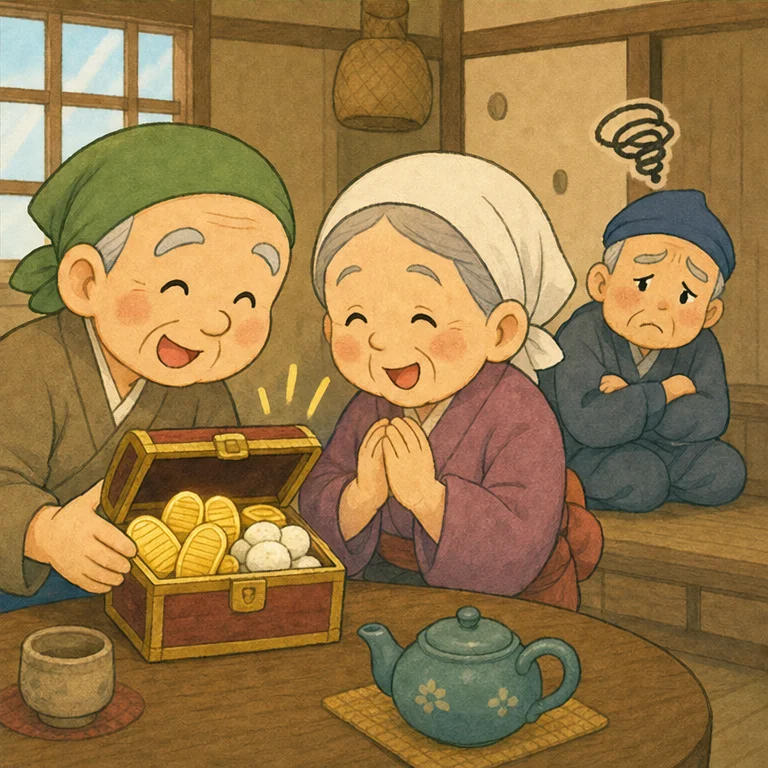 할아버지가 집에서 상자를 열자, 기쁜 감사 선물이 들어 있었어요.
할아버지와 할머니는 싱글벙글 기뻐했어요.
하지만 이웃 할아버지는 많이 갖고 싶어서 생쥐들을 곤란하게 해 버렸어요.
상냥한 마음으로 지내는 것이 가장 중요하구나.