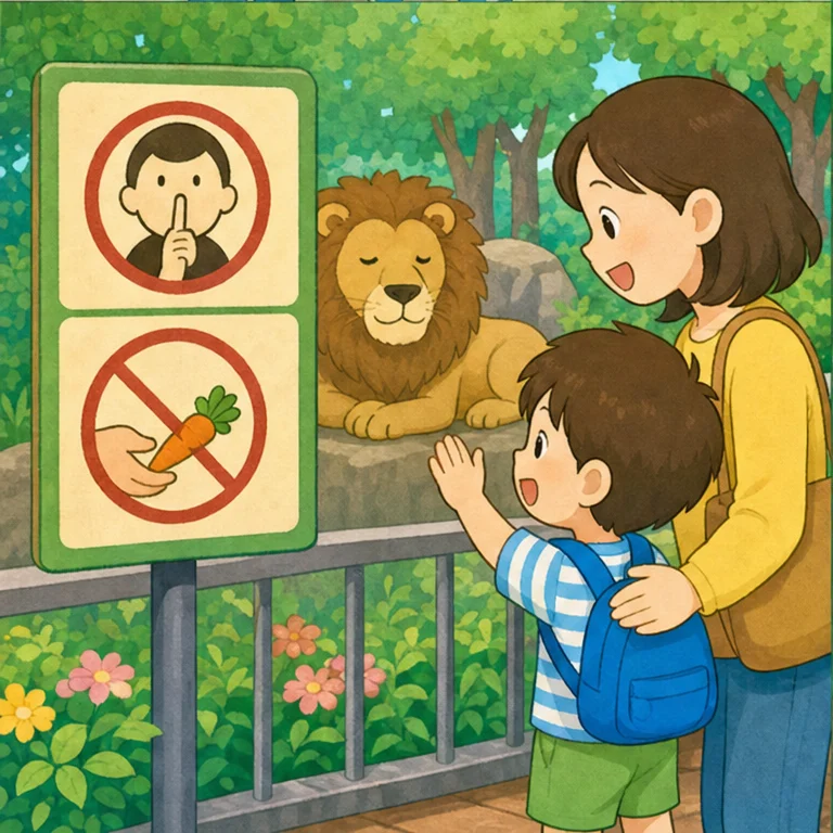 動物園では、おやくそくが あります。
大きな声で びっくりさせないように、やさしい声で 見ようね。
柵の中に 手を入れないよ。
動物さんに 勝手に 食べものを あげないよ。
おやくそくを 守ると、動物さんも みんなも 安心だね。