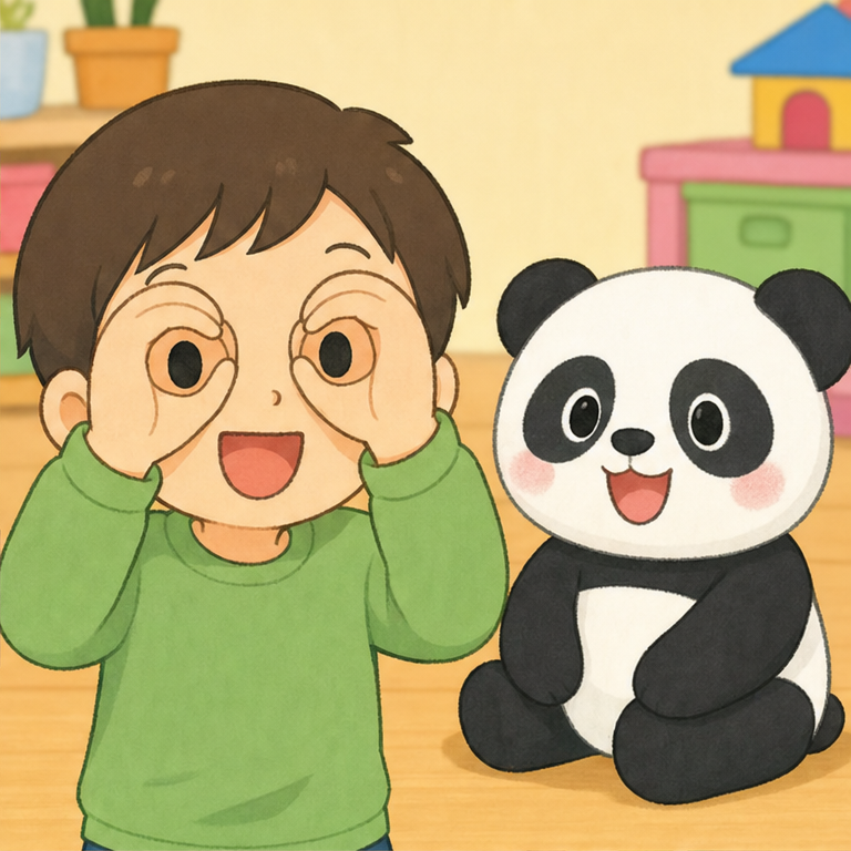 まずは、パンダさん。
パンダさんは、目のまわりが黒いね。
両手で丸を作って、おめめのところに当ててみよう。
ほら、パンダさんのお顔みたいになったね。