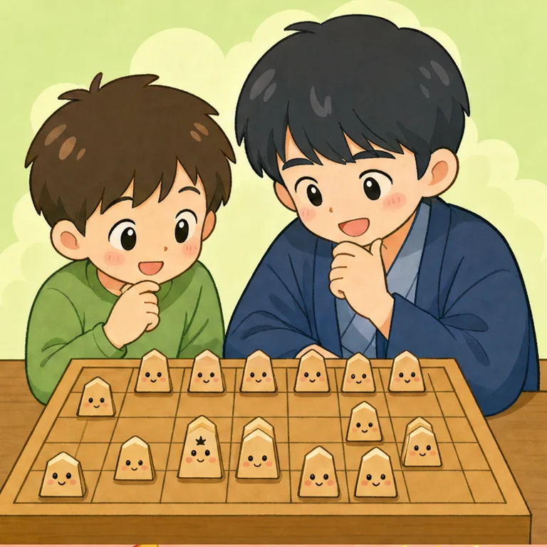 将棋は、木の盤の上で駒を動かす遊びです。
「どこに動かそうかな？」と、頭でよーく考えます。
王さまの駒を守りながら、相手と勝負します。
考えることがいっぱいの、楽しいゲームです。