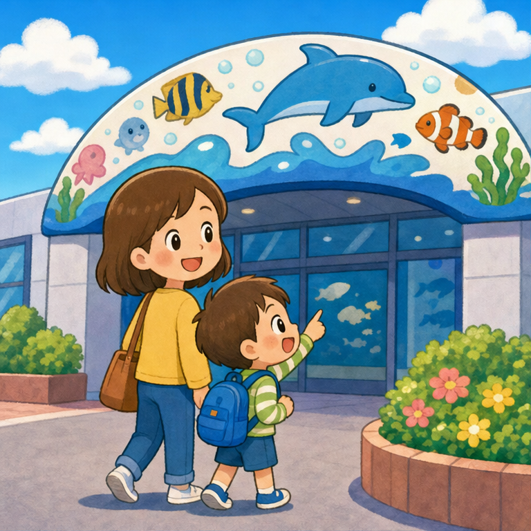 今日は 水族館に 行くよ。
水族館は、海や川に すんでいる 生きものに 会えるところだよ。
お魚、くらげ、ペンギン、イルカ……どんな生きものが いるかな？
中では 走らないで、ゆっくり 歩こうね。