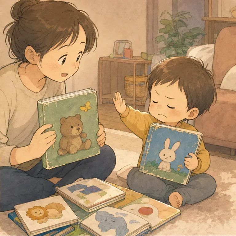 さすがに何回目かわからなくなって、私は別の絵本を出してみました。
「こっちはどう？ くまさん出てくるよ」と、少し楽しげにすすめてみます。
けれど子どもは、首を横にふって、いつもの絵本をぎゅっと抱えました。
その真剣な顔がおかしくて、結局また、同じページをめくることになりました。