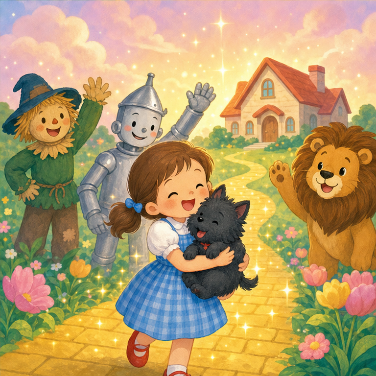 ドロシーは、魔法の赤いくつをはいて言いました。
『おうちへ帰りたい』
すると、ドロシーとトトは、おうちへ帰ることができました。
ドロシーは思いました。
『友だちとの冒険はすてき。でも、やっぱりおうちも大切だね』