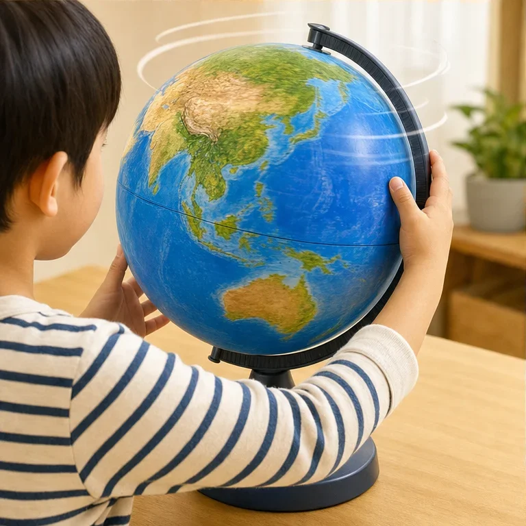地球儀は、くるくる回せます。
回すと、いろいろな場所が見えます。
地球の反対側も、見ることができます。