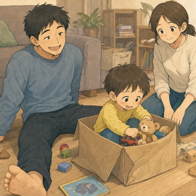 ほんの数分で、パパの足は限界になりました。
箱から出ると、子どもはもう次の遊びに夢中です。
でも、あの小さな箱の中に『パパも』と呼んでくれたことが、なんだかうれしく残りました。
子どもの世界は狭いようで、親を招き入れてくれるとき、思ったよりずっと広く感じます。