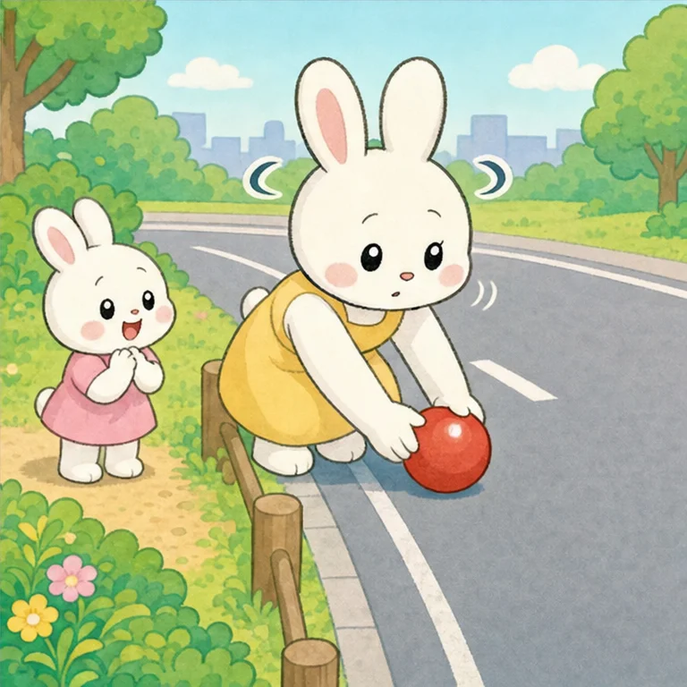 子うさぎちゃんは、道路へ 出ないで 待ちました。
そして、お母さんに 言いました。
「ボールが 道路へ 行っちゃった。取ってください。」
大人が 右、左、もう一度 右を よく見て、安全を 確かめてくれました。
ボールが 道路へ 出たら、自分で 追いかけない。止まって、大人に 知らせようね。
