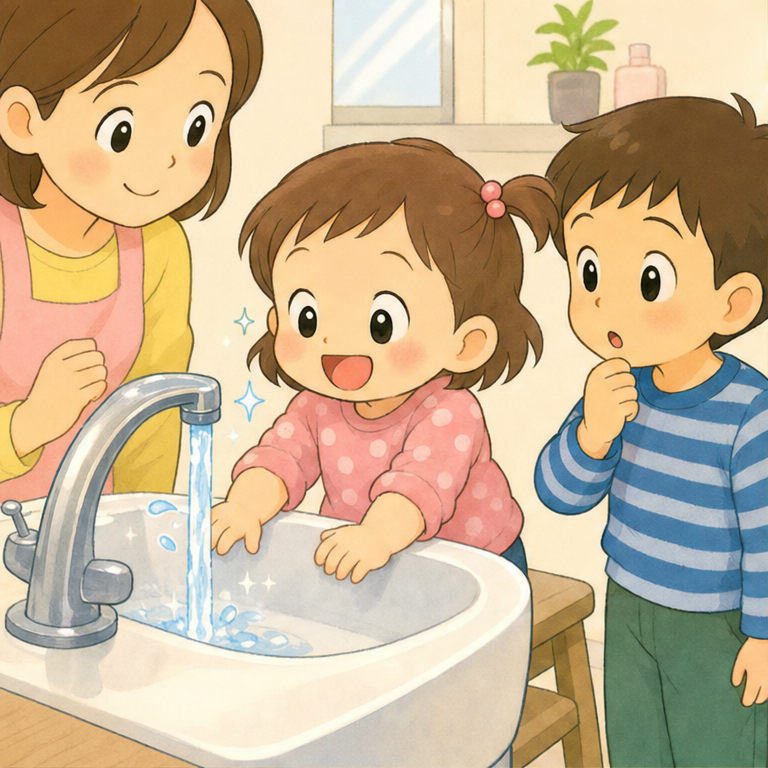 ひなちゃんは、まだ2歳です。
水道からお水が出ると、じーっと見て、にこにこします。
じゃあじゃあ、ちょろちょろ、ぽたぽた。
ひなちゃんには、お水の音が楽しい音楽みたいに聞こえるのです。
