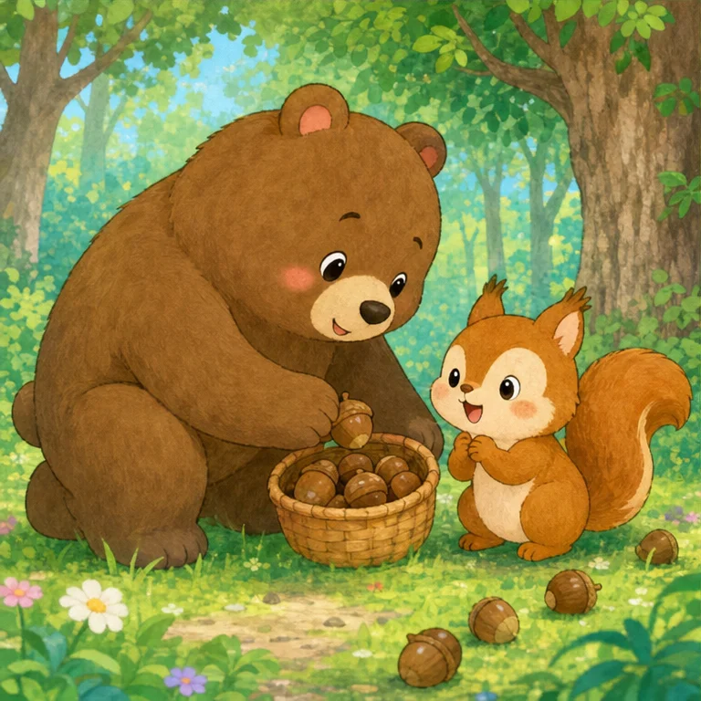 Bear’s heart felt warm and cozy too.
“I was so happy when the little kitten helped me.”
Then Squirrel was having trouble because acorns were rolling all around.
Bear gently crouched down and said,
“Let’s pick them up together.”
Squirrel’s face became a big smile.
