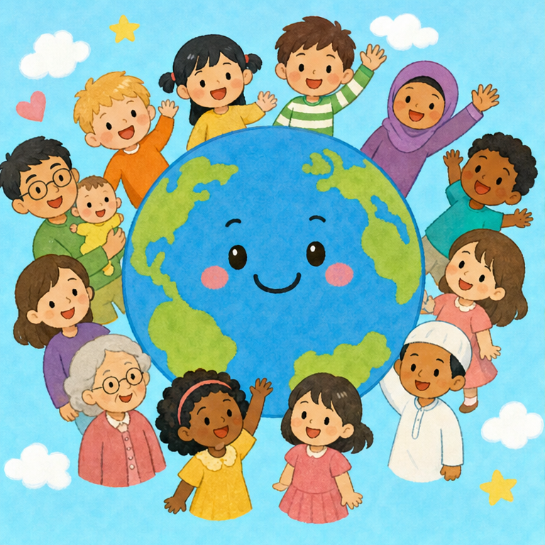 地球には、たくさんの人が住んでいます。
みんなをぜんぶ数えたら、80億人くらいになりました。
80億人は、とーっても大きな数です。
幼稚園のお友だちよりも、町の人よりも、ずっとずっとたくさんです。