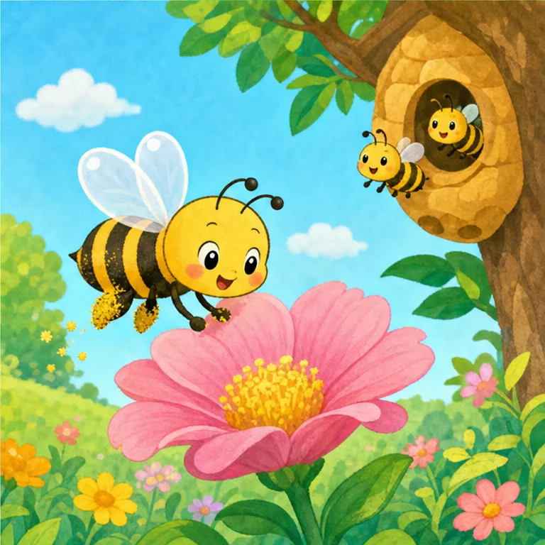 蜂さんは、次のお花へぶんぶん飛んでいくよ。
体についた花粉を、別のお花へ運ぶことがあるんだ。
そうすると、お花は実や種を作りやすくなるよ。
蜂さんは、お花のお手伝いをしているんだね。