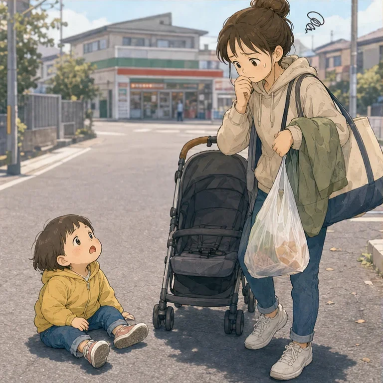 겨우 절반쯤 왔을 때, 아이의 발걸음이 딱 멈췄습니다.
“안아 줘”
조금 전까지 그렇게 유모차를 거부하더니, 이번에는 땅바닥에 주저앉아 움직이지 않습니다.
빈 유모차, 짐, 안아 주기를 기다리는 아이. 나도 모르게 웃을 수밖에 없는 듯하면서도, 조금은 막막해지는 시간이었습니다.