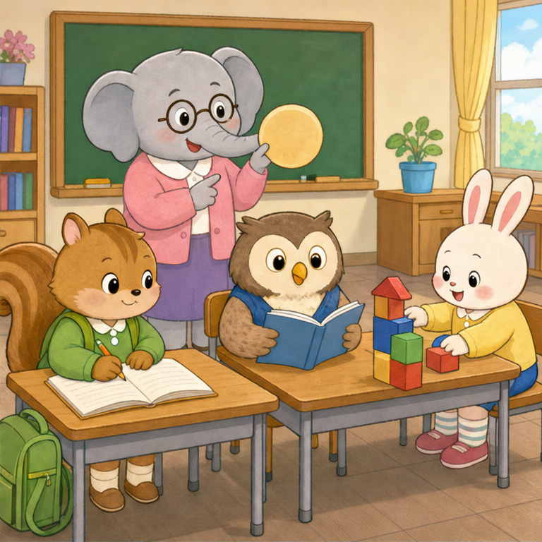 小学校では、教室で先生のお話を聞きます。
文字や数、絵本、歌、絵をかくことなどを少しずつ学びます。
わからないときは、先生がやさしく教えてくれます。