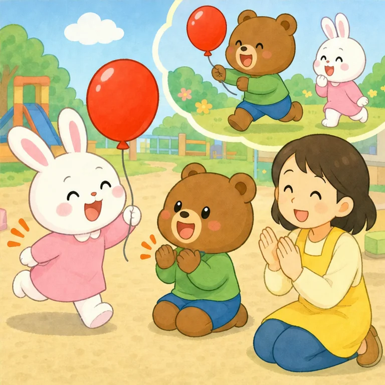 처음은 토끼의 차례예요.
곰은 조금만 기다렸어요.
“토끼야, 정말 재미있어 보인다!”
다음은 곰의 차례예요.
토끼도 싱글벙글 기다렸어요.
조금 기다리고, 양보도 하면 둘 다 즐겁게 놀 수 있었어요.
순서대로 하면 모두의 마음이 따뜻해져요.