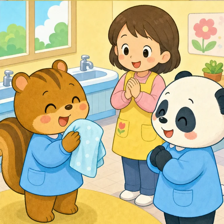 小松鼠用熊猫的手帕擦了手。
小手变得干干爽爽、干干净净。
“熊猫，谢谢你！”
熊猫笑眯眯地说：“不客气。”
小松鼠心想。
“把手洗干净很重要。帮助遇到困难的朋友，也是一件很棒的事呢。”
下次，要记得不要忘带手帕哦。