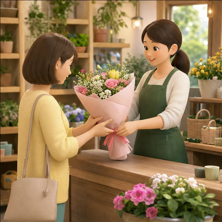 손님은 좋아하는 꽃을 고릅니다.
돈을 내면 꽃을 가지고 갈 수 있습니다.
꽃은 집에 장식하거나 사람에게 선물하기도 합니다.