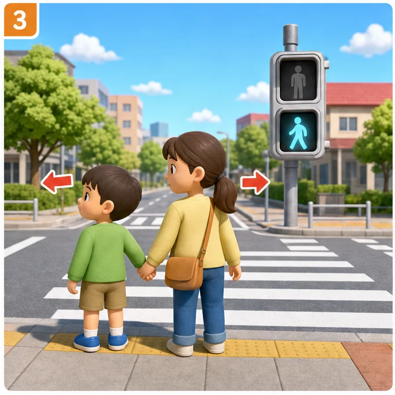 초록불은 건너도 된다는 신호예요.
하지만 바로 뛰어나가지 않아요.
오른쪽과 왼쪽을 보고, 안전을 확인한 뒤에 건너요.