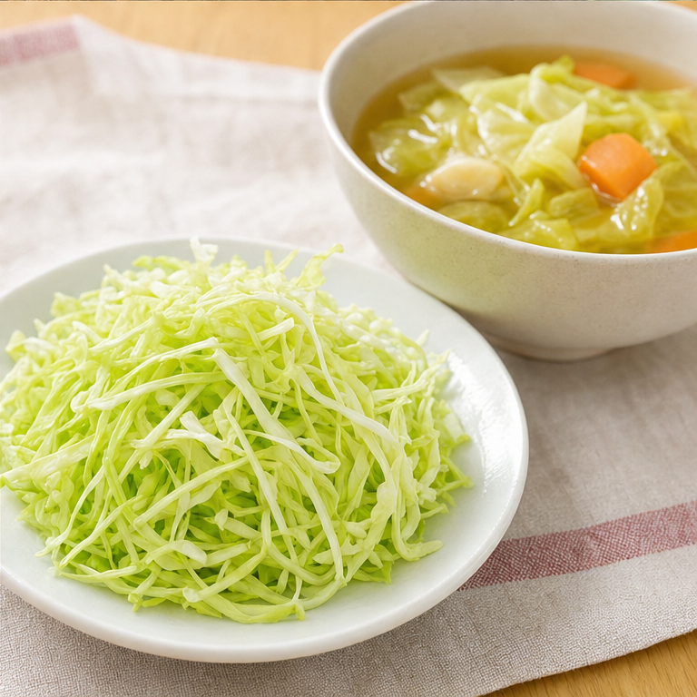 キャベツは、よく洗ってから食べます。
細く切って食べたり、スープに入れたりします。
かむと、シャキシャキすることがあります。
