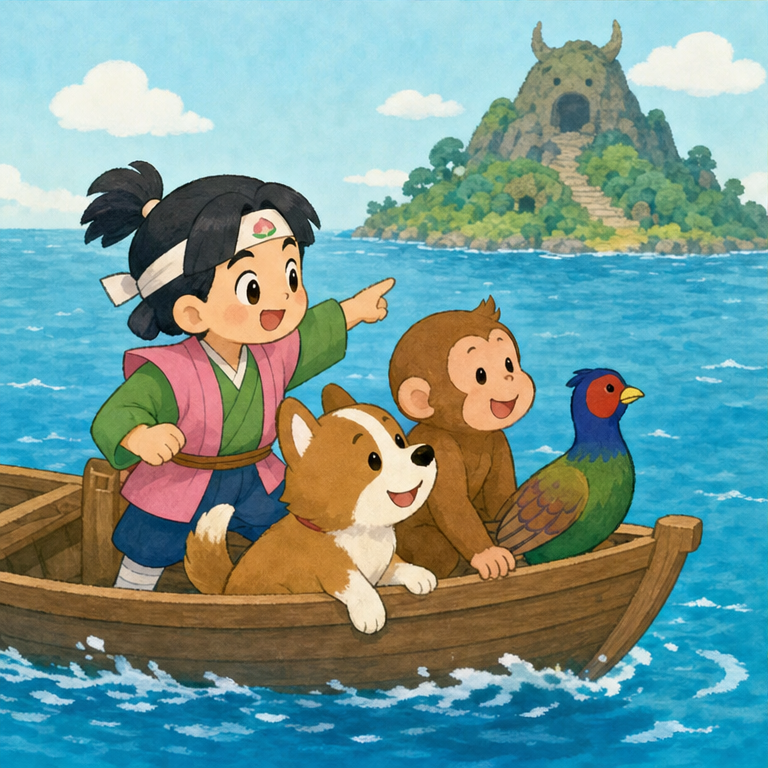 桃太郎と 犬、猿、きじは、船に乗って 鬼ヶ島へ向かいました。
海の向こうに、鬼たちがいる島が 見えてきました。
ちょっと ドキドキするけれど、桃太郎は 仲間と一緒です。
みんなで力を合わせれば、きっと大丈夫です。