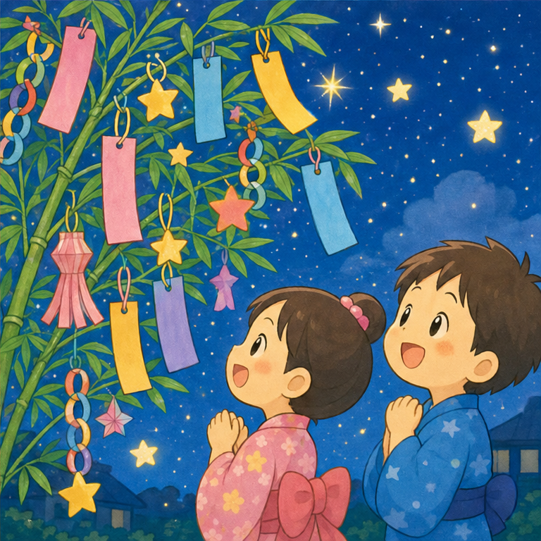 書いたたんざくは、笹の葉に結びます。
笹には、星の飾りやきれいな飾りもつけます。
風がふくと、たんざくがゆらゆら。
お空のお星さまに、お願いごとが届くといいね。
七夕は、お願いごとを大切にする日です。