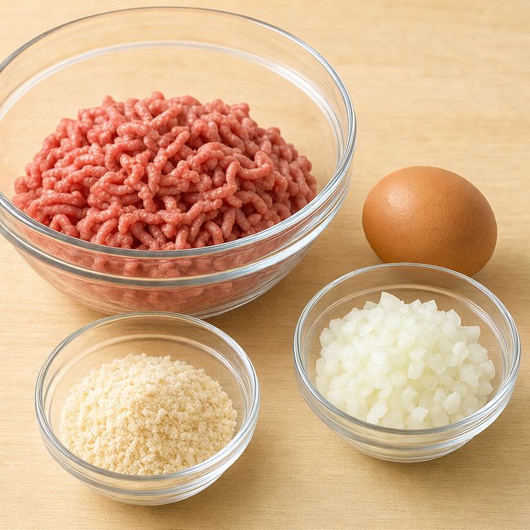 ハンバーグは、ひき肉を使います。
たまねぎやパン粉を入れることもあります。
材料を混ぜて、形を作ります。
