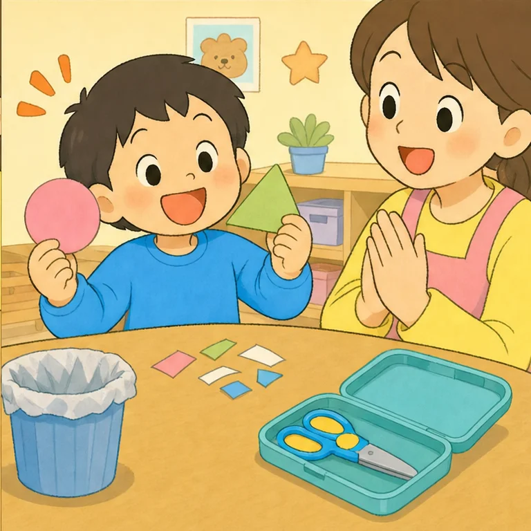 You did it! You cut the paper.
When you are done using scissors, close them with a click.
Put the scissors in their case or in their special place.
Gather the paper scraps and clean up.
Let’s practice slowly again another time.