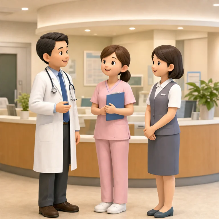 병원에는 여러 사람들이 일하고 있습니다.
선생님과 간호사 선생님이 몸이 좋아지도록 도와줍니다.
접수 담당자도 병원에서 어려움이 없도록 도와줍니다.