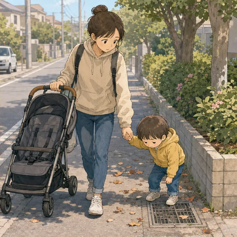 걷기 시작하자, 아이의 세상은 생각보다 훨씬 바빠 보였습니다.
낙엽을 줍고, 작은 돌멩이를 발견하고, 배수구를 들여다봅니다.
어른이라면 5분이면 갈 길이, 오늘은 좀처럼 앞으로 나아가지 않습니다.
텅 빈 유모차를 밀면서, 저는 몇 번이고 마음속으로 “오늘 안에 장 보러 도착할 수 있을까” 하고 중얼거렸습니다.