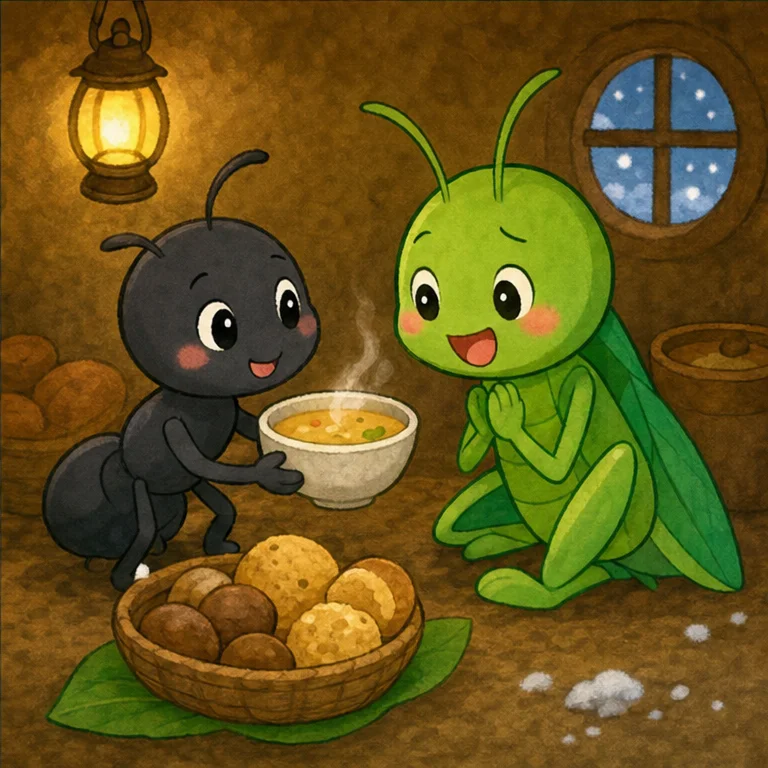 개미는 베짱이에게 따뜻한 수프를 조금 나누어 주었어요.
“고마워, 개미야. 나도 다음에는 여름에 조금씩 준비할게.”
개미가 말했어요.
“노는 것도 중요해. 하지만 나중에 곤란하지 않도록 준비도 조금씩 하자.”