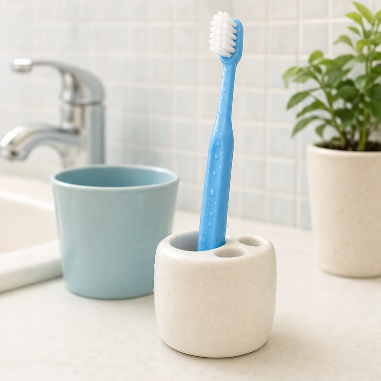 After using a toothbrush, rinse it with water.
Wash the bristle part clean.
After washing it, stand it up to dry.