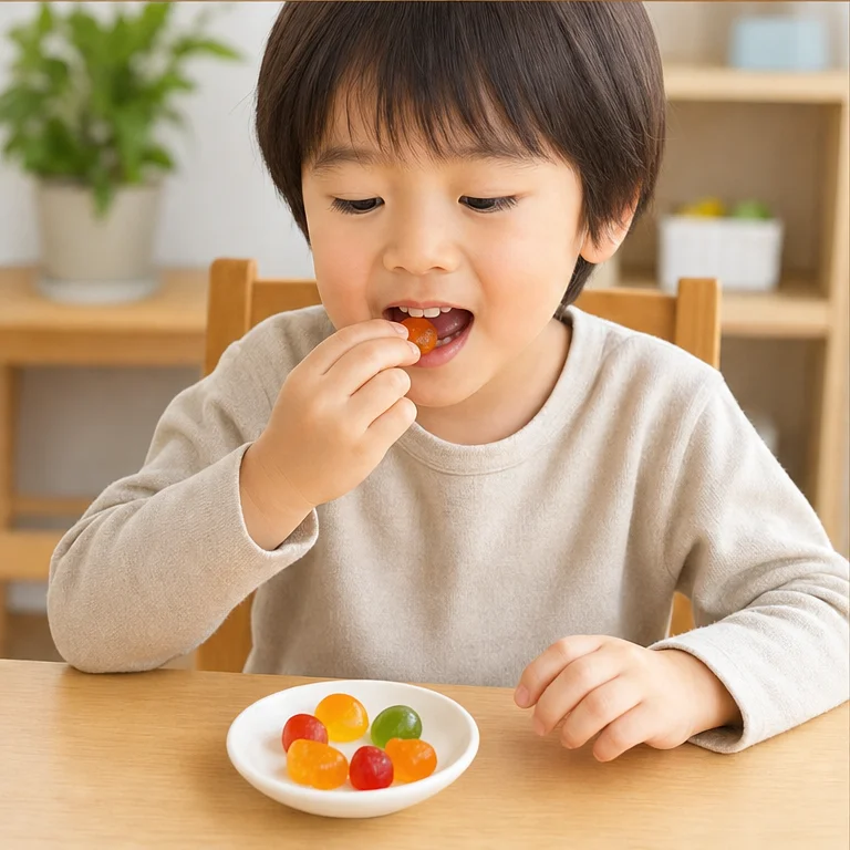 グミは、よくかんで食べます。
走りながら食べるのはやめましょう。
すわって、ゆっくり食べると安心です。