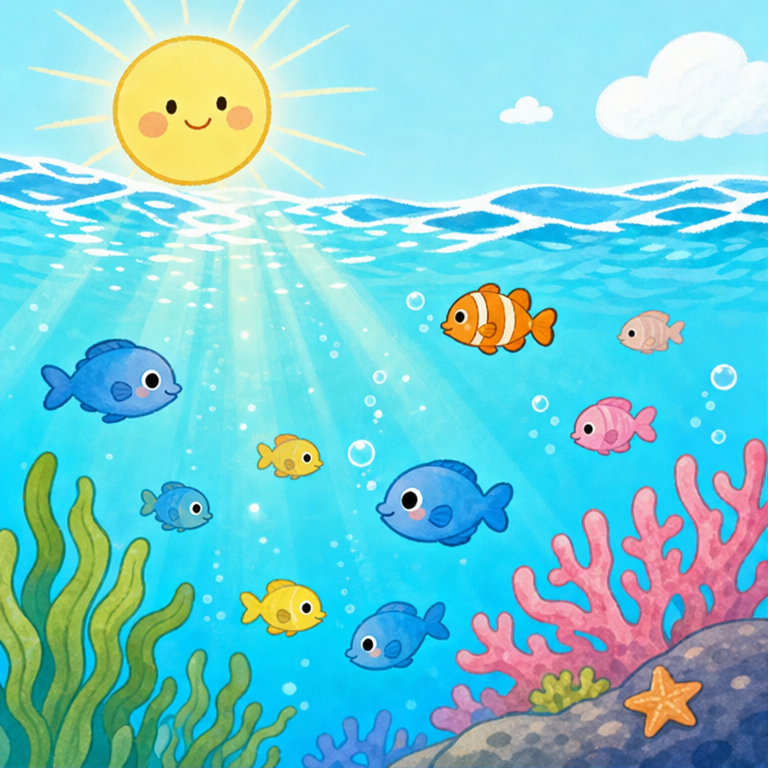 海は、とっても大きな水の世界です。
海の水は、なめるとしょっぱいです。
上のほうは、太陽の光が入って、きらきら明るいよ。
小さなお魚たちは、すいすい泳いでくらしています。