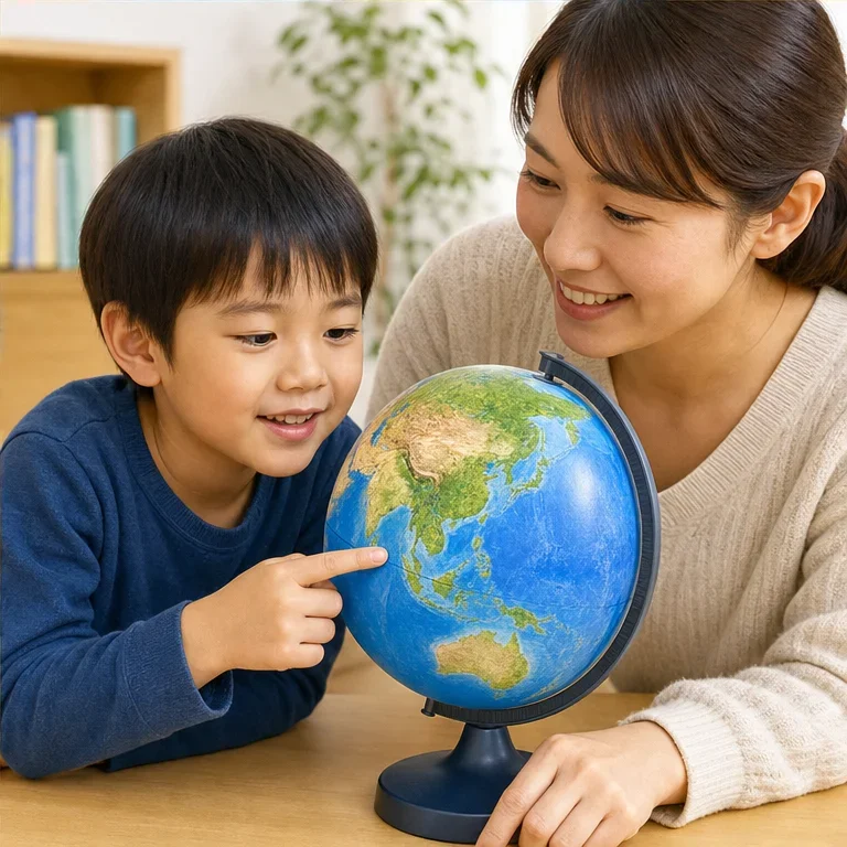 地球儀を見ると、世界の場所がわかります。
遠い国や、大きな海を探せます。
地球には、たくさんの場所があります。