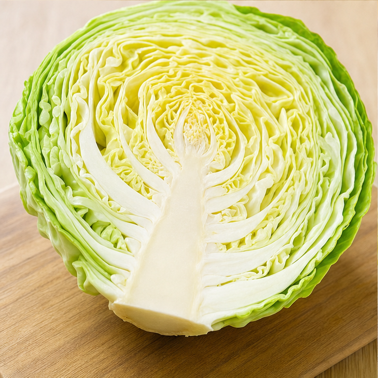 キャベツを切ると、中にも葉っぱがあります。
葉っぱが何枚も重なっています。
まんなかには、かたい芯があります。
