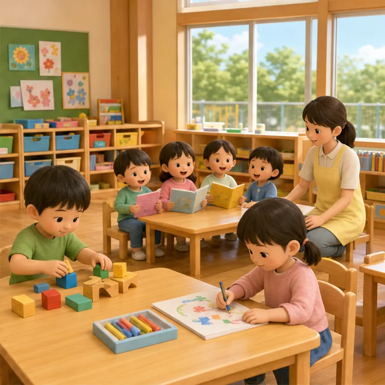 In the kindergarten classroom, we play with everyone.
Sometimes we draw pictures or make crafts.
We sing songs and listen to stories.