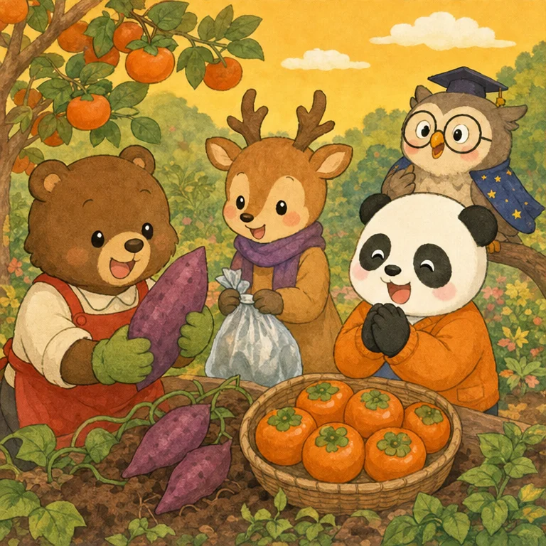 In autumn, there are delicious foods such as sweet potatoes and persimmons.
Food grows with help from the soil, rain, and sunshine.
When we eat carefully together, our hearts feel warm too.