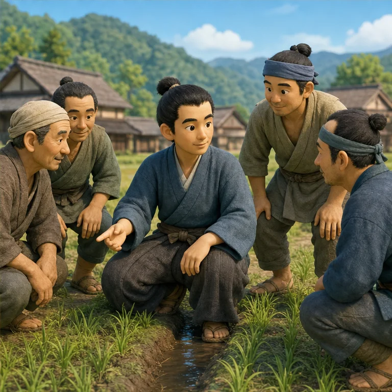 손토쿠는, 어른이 된 뒤에 마을을 도왔습니다.
논과 밭을 좋게 만드는 방법을 생각했습니다.
모두 함께 힘을 합치는 것을 소중히 여겼습니다.