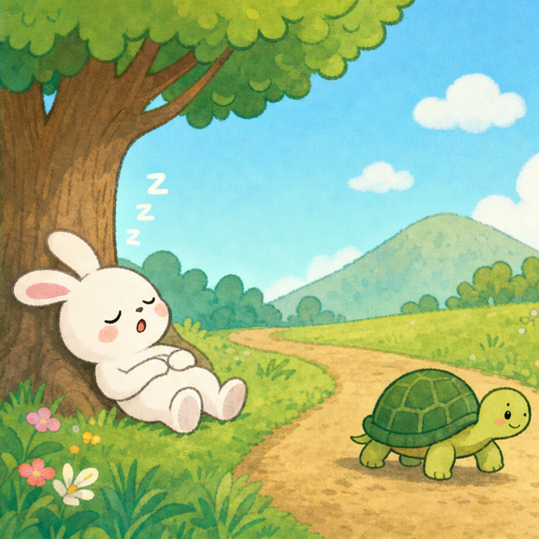 うさぎさんは、ずっと先まで走りました。
そして、後ろを見て言いました。
「かめさんは、まだまだ来ないな。少し寝ても大丈夫！」
うさぎさんは、木の下でぐーぐー寝てしまいました。
でも、かめさんは止まりません。
ゆっくりでも、一歩ずつ進みます。