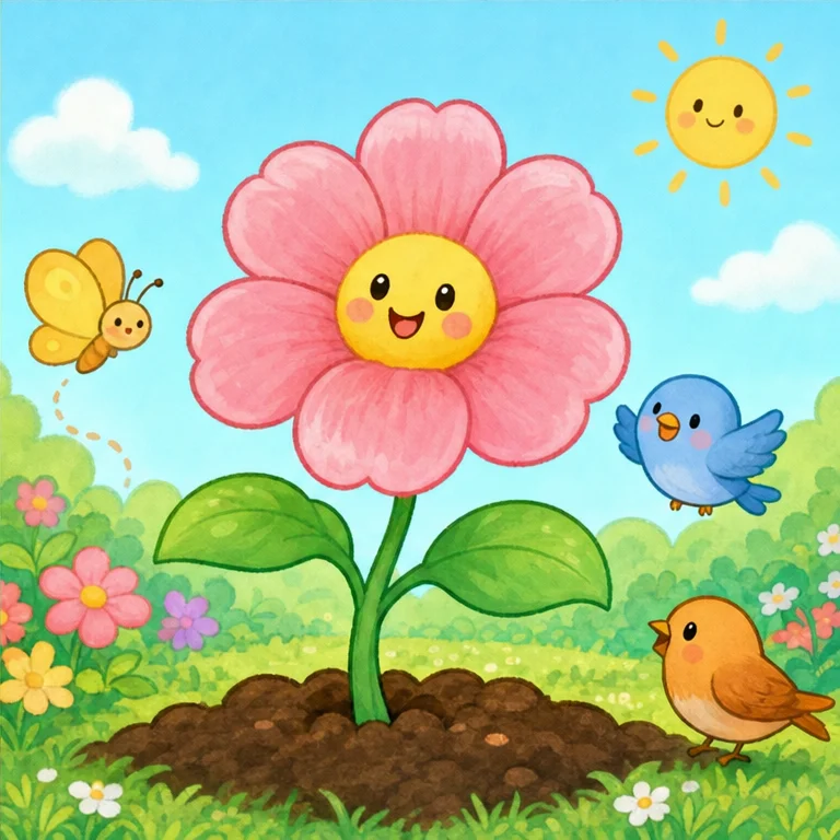 매일 조금씩 조금씩, 싹은 커졌어요.
그리고 어느 날, 활짝 예쁜 꽃이 피었어요.
작은 싹은 생각했어요.
“금방이 아니어도 괜찮아. 매일 조금씩 힘내면, 커질 수 있구나!”