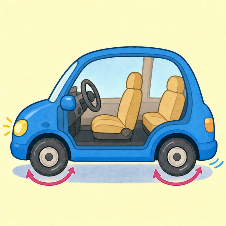 自動車には、丸いタイヤがあります。
タイヤがくるくる回ると、車が前に進みます。
運転する人は、ハンドルを持って進む向きを決めます。
夜や暗いところでは、ライトをつけて前を明るくします。