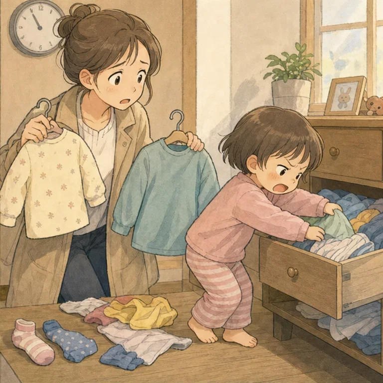 “그럼, 이 옷은?” 하고 물으면 “싫어”.
“이 양말은?” 하고 물어도 “싫어”.
하지만 부모가 도와주려고 손을 내밀면 “내가 할 거야!” 하고 화를 냅니다.
싫은 건지, 하고 싶은 건지, 도와달라는 건지. 이쪽은 전혀 알 수 없고, 그저 시계바늘만 계속 움직이고 있었습니다.