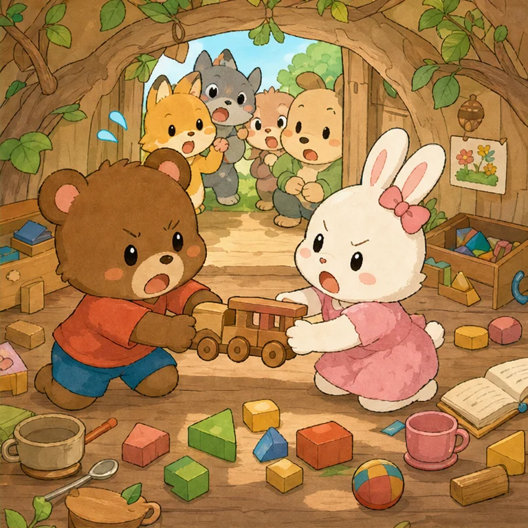 でも、しばらくすると、困ったことが起きました。
こぐまくんが言いました。
「ぼくが先に電車で遊ぶ！」
うさぎちゃんも言いました。
「わたしも今すぐ使いたい！」
入り口では、みんながいっぺんに入ろうとして、ぎゅうぎゅうです。
使った積み木も、床にそのままになっています。