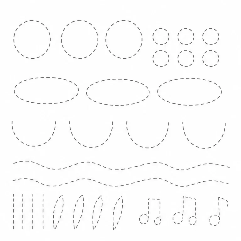 まずは、せんや かたちを なぞってみよう。
まるは カエルの かおや めに なるよ。
なみせんや おんぷも、ゆっくり なぞってみよう。