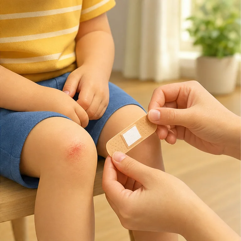 Sometimes when you fall down, you may scrape your knee a little.
For a small injury, you might put on an adhesive bandage.
When putting one on, have an adult take a look.