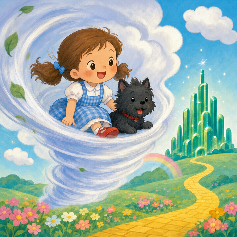 ドロシーという女の子は、トトという小さな犬と一緒にくらしていました。
ある日、大きな風が びゅーん！
ドロシーとトトは、ふしぎな「オズの国」へ やってきました。
ドロシーは言いました。『おうちに帰りたいな』