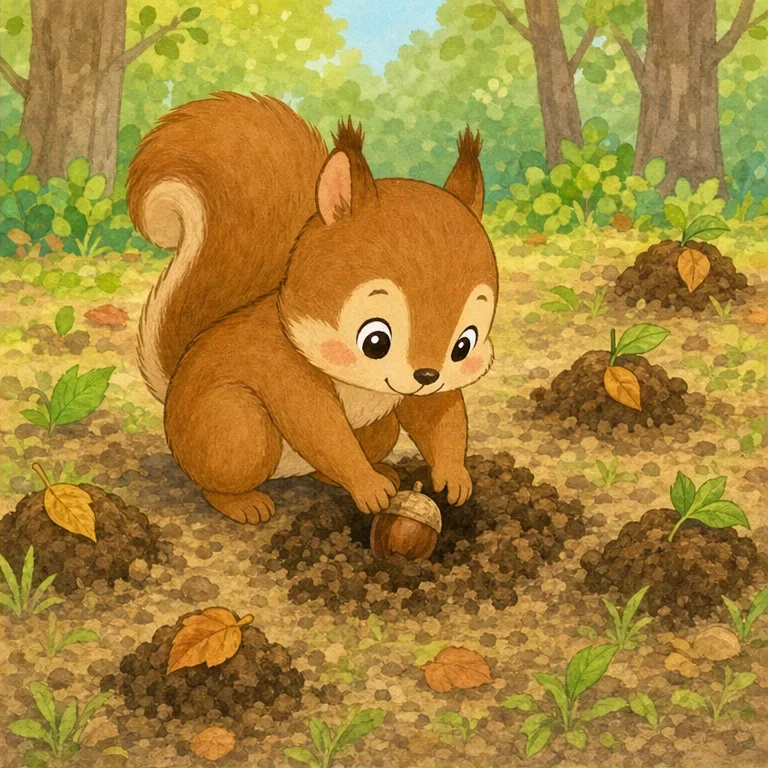 Squirrel hides the acorns one by one in the soil.
Here and there, Squirrel hides them little by little.
It is almost like putting tiny treasures away in the forest.
But Squirrel hides so many acorns that it is hard to remember every place.